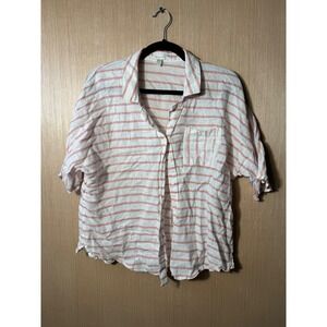 Garnet Hill Linen Shirt Womens Striped Button Up Short Sleeve Top Casual